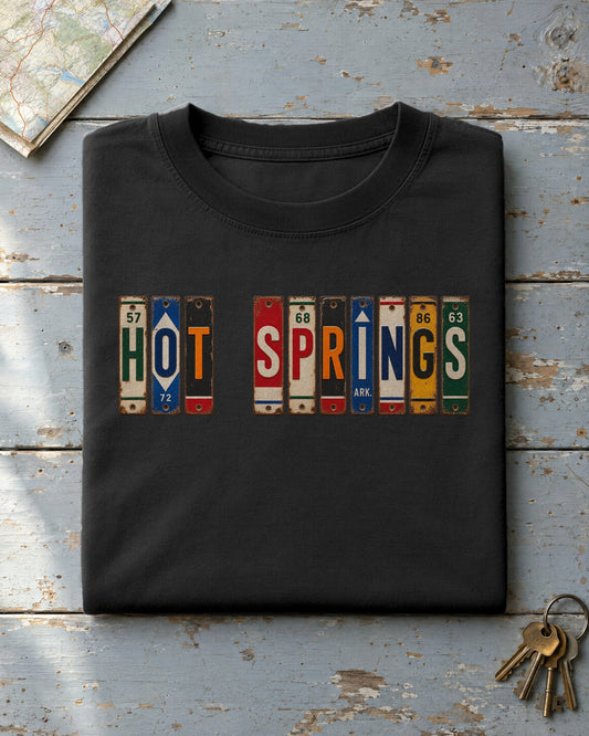 Hot Springs, Arkansas vintage license plate t-shirt in Black