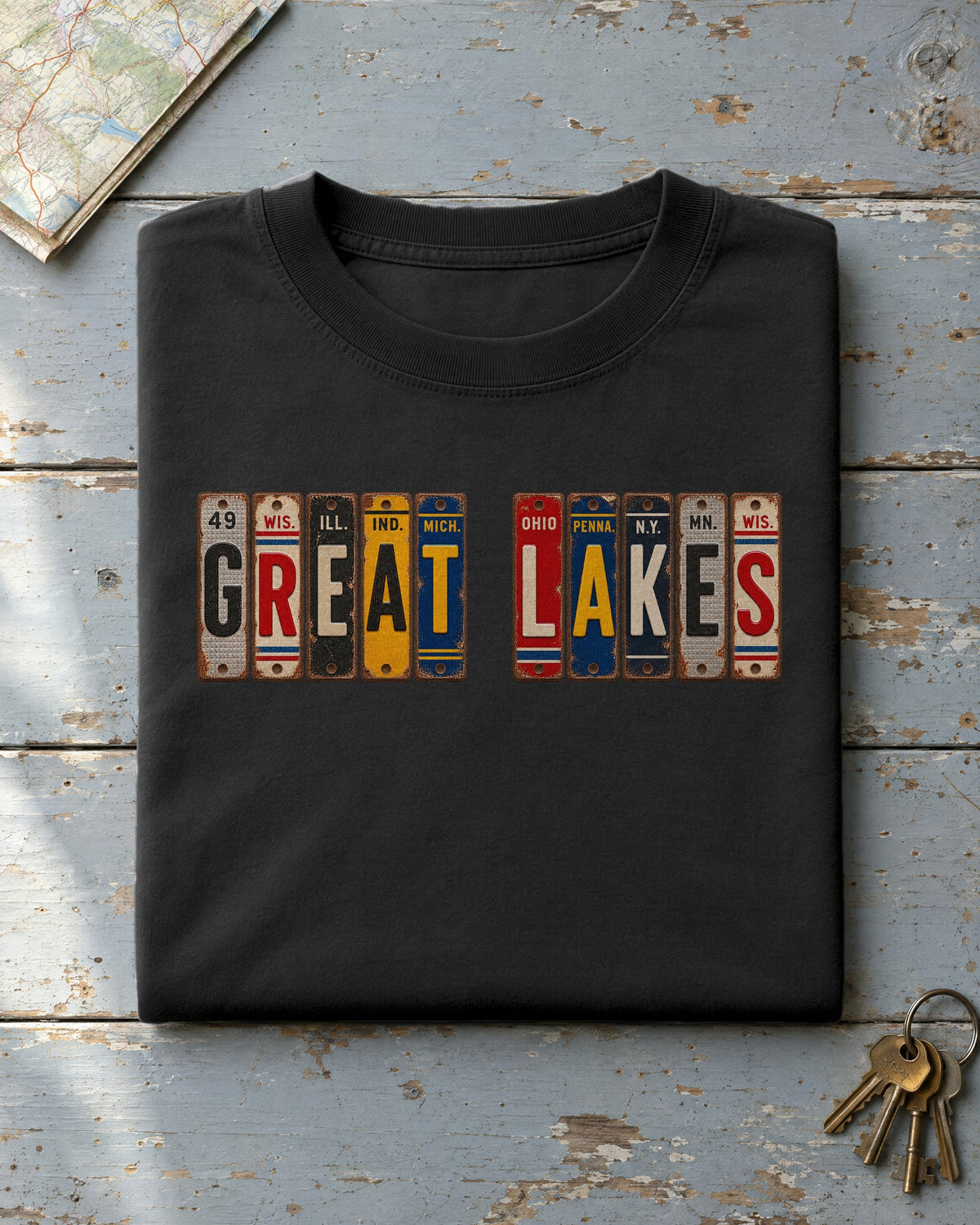 Great Lakes vintage license plate t-shirt in Black