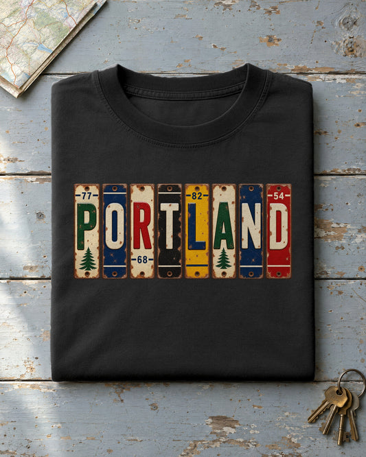 Portland, Maine vintage license plate t-shirt in Black