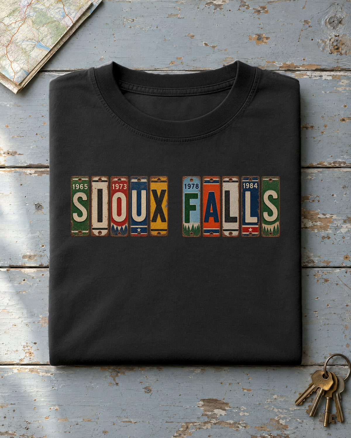 Sioux Falls, South Dakota vintage license plate t-shirt in Black
