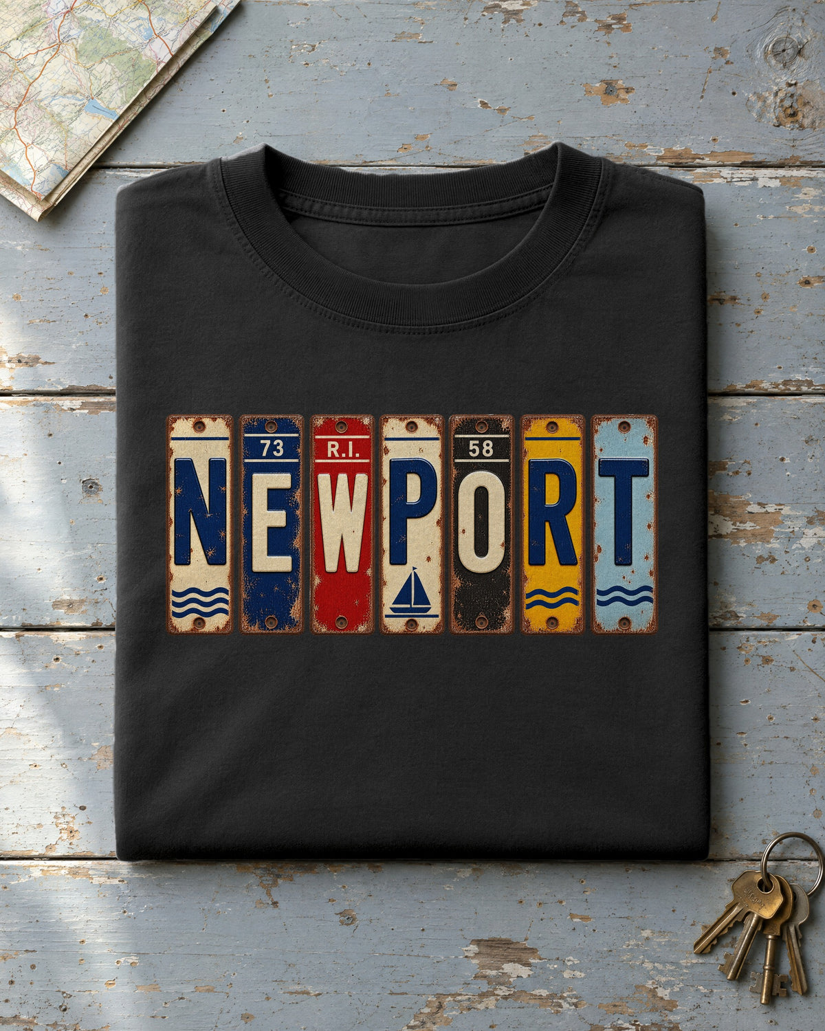Newport, Rhode Island vintage license plate t-shirt in Black