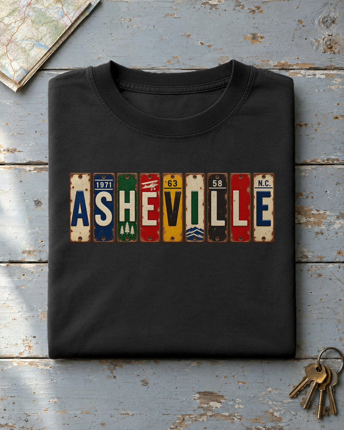 Asheville, North Carolina vintage license plate t-shirt in Black