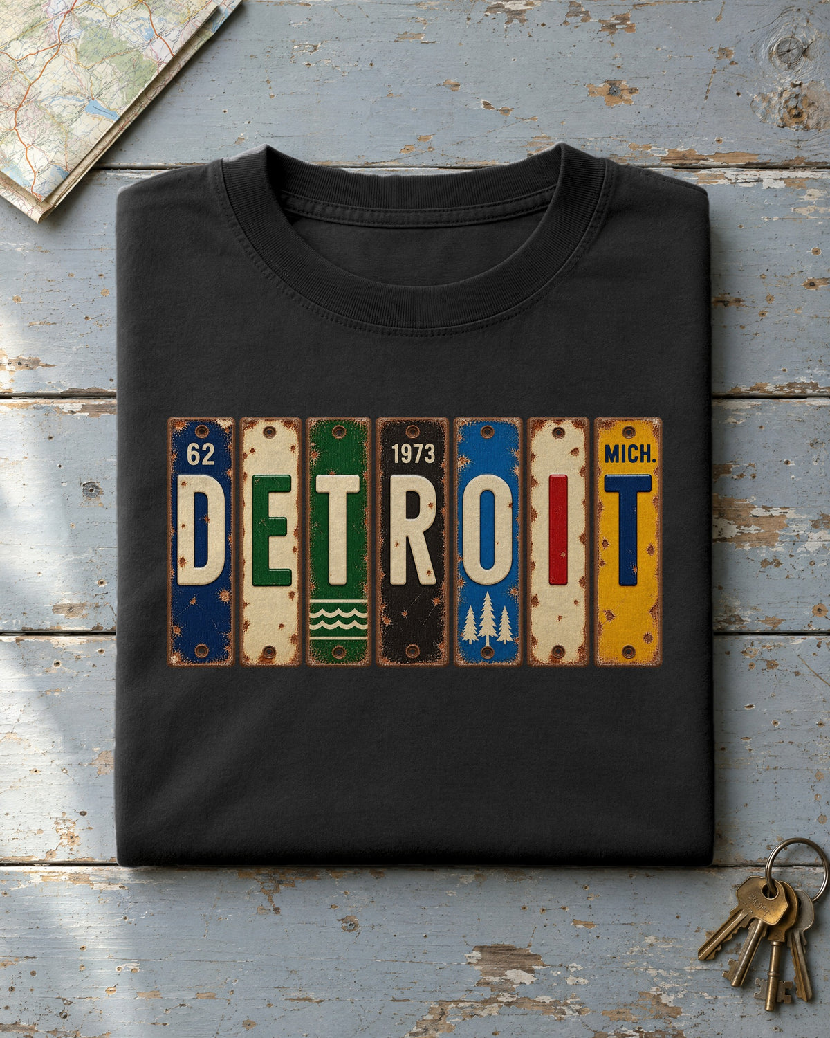 Detroit, Michigan vintage license plate t-shirt in Black