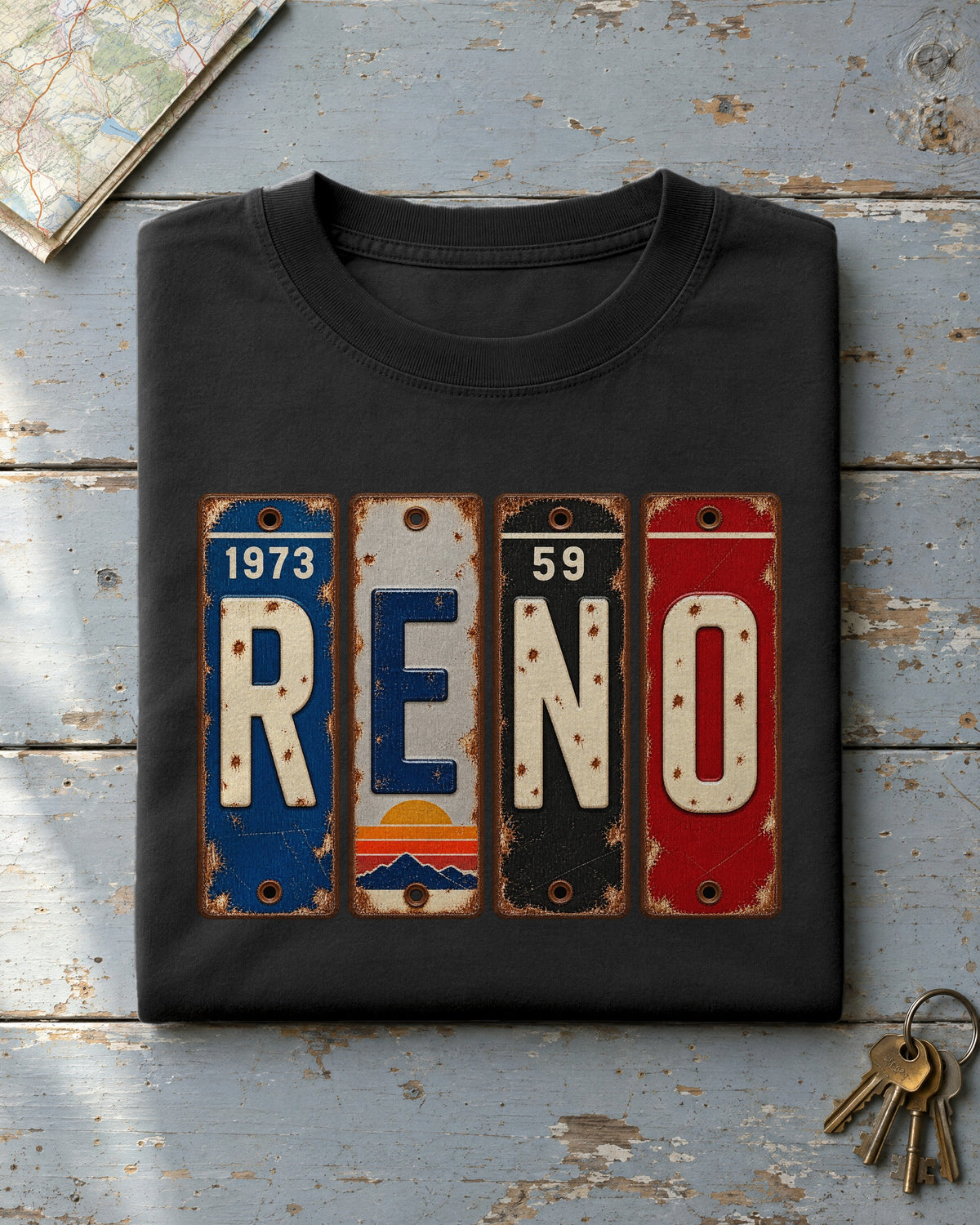 Reno, Nevada vintage license plate t-shirt in Black