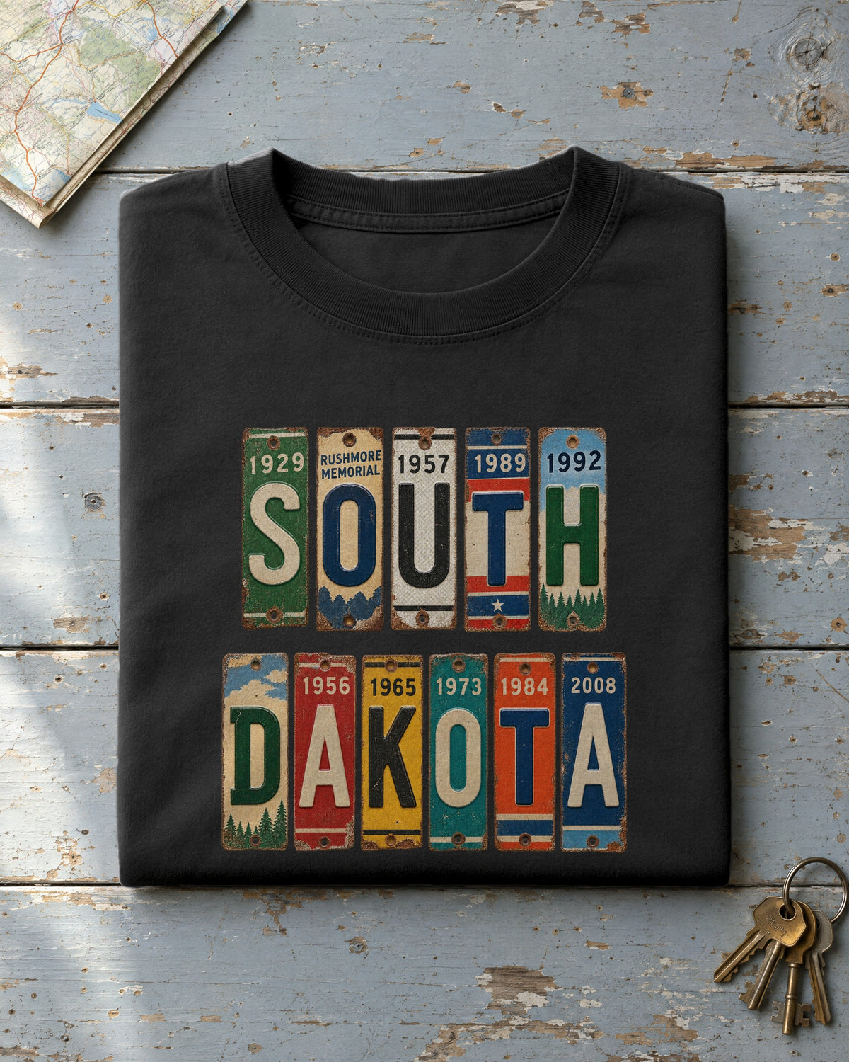 South Dakota vintage license plate t-shirt in Black