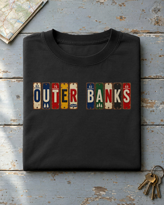 Outer Banks, North Carolina vintage license plate t-shirt in Black