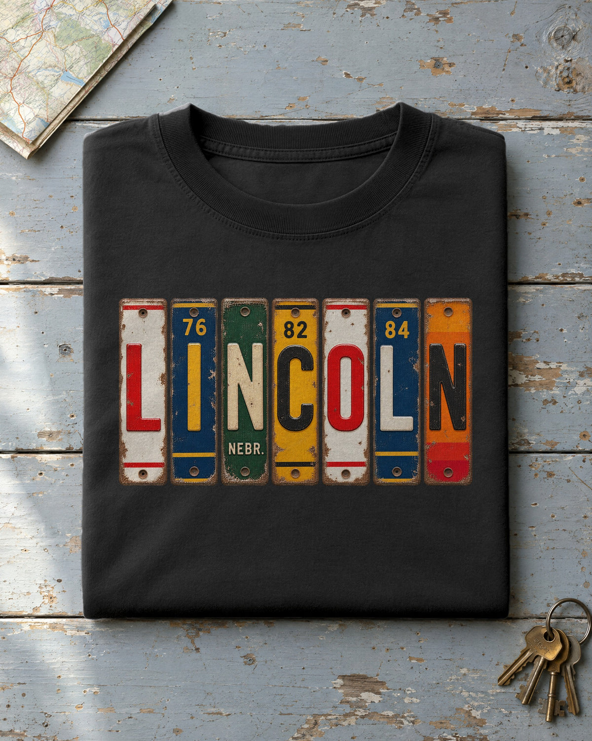 Lincoln, Nebraska vintage license plate t-shirt in Black