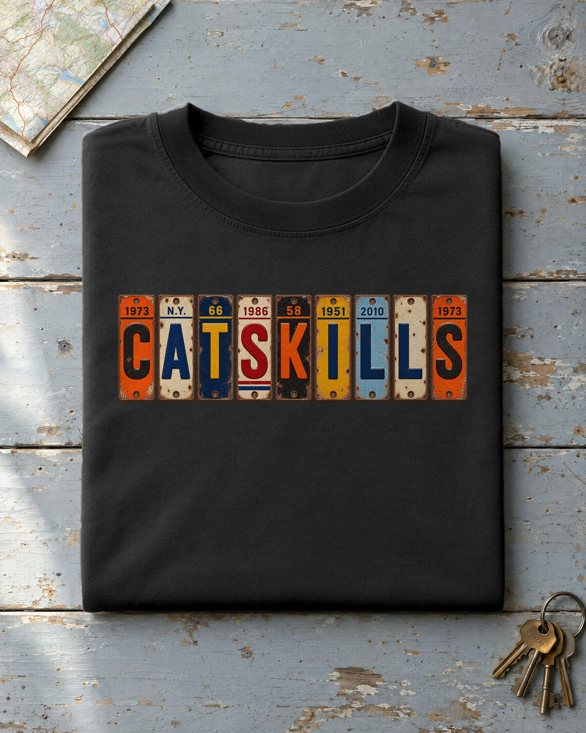 Catskills, New York vintage license plate t-shirt in Black