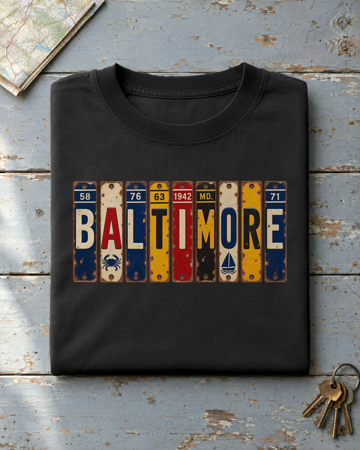 Baltimore, Maryland vintage license plate t-shirt in Black