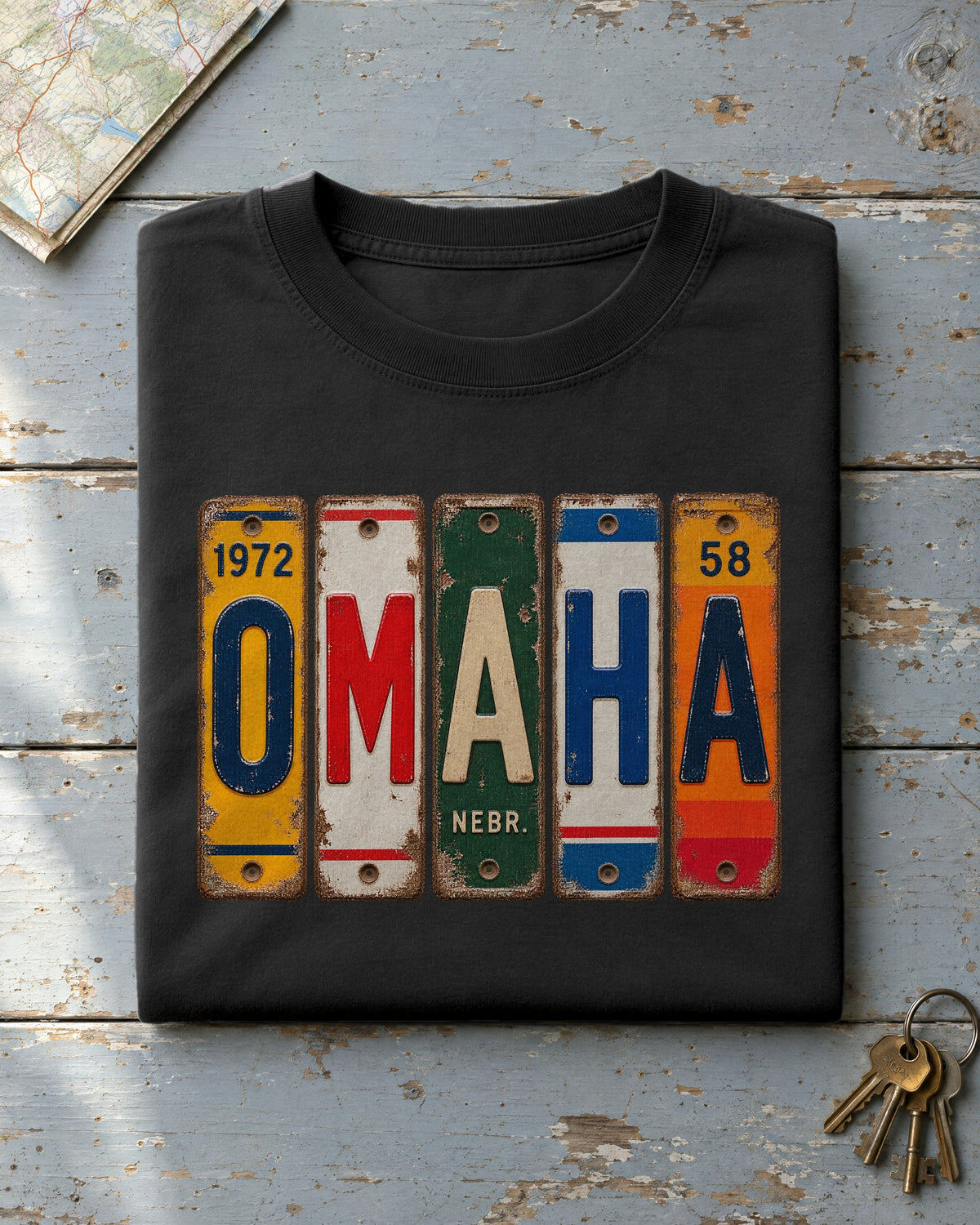 Omaha, Nebraska vintage license plate t-shirt in Black
