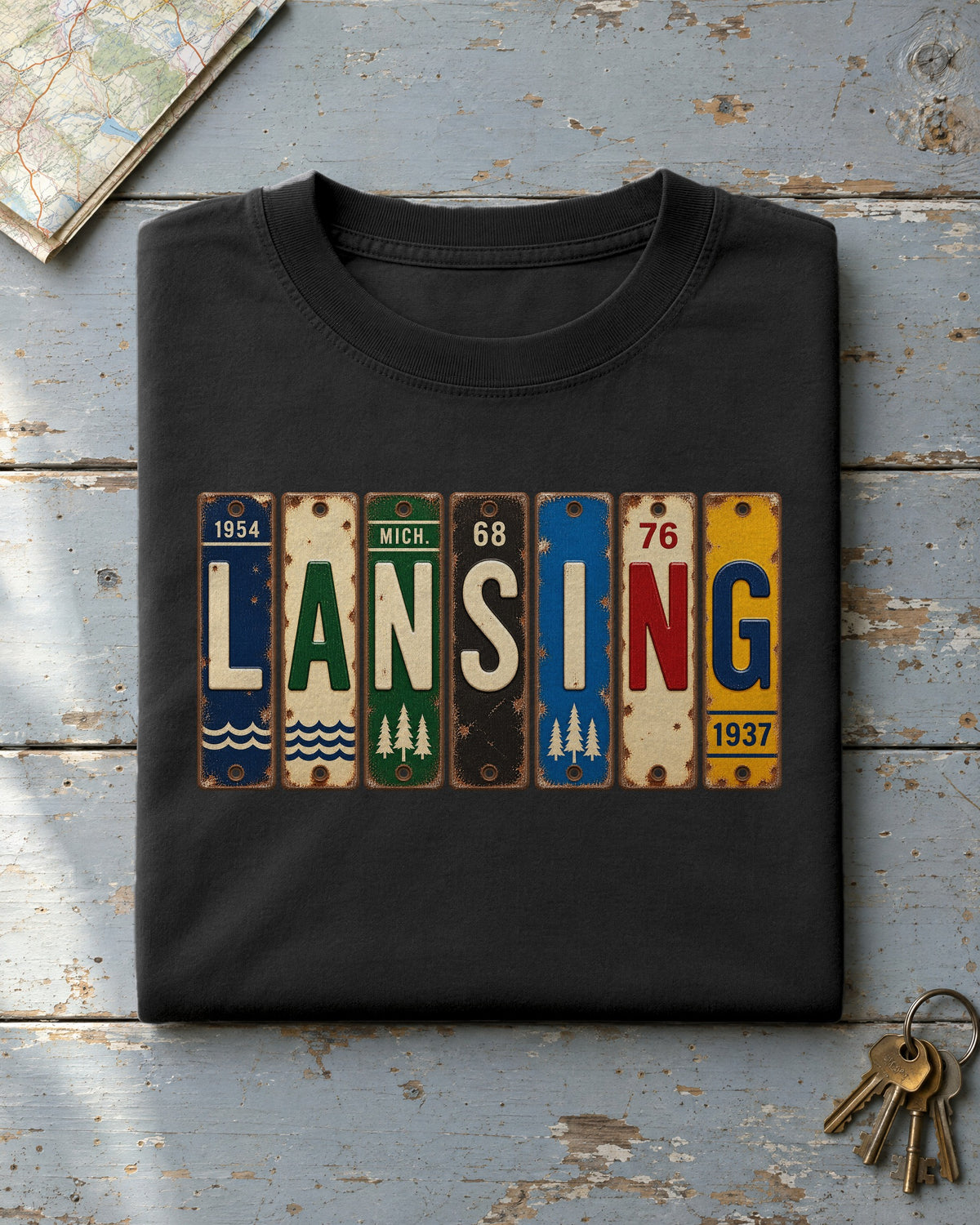 Lansing, Michigan vintage license plate t-shirt in Black