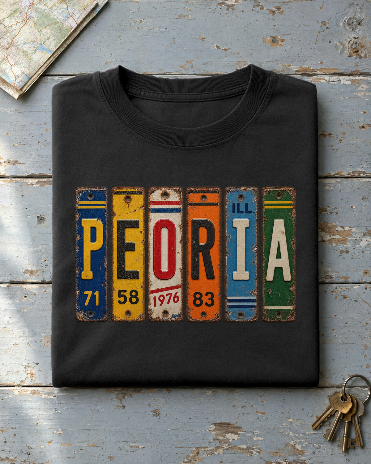 Peoria, Illinois vintage license plate t-shirt in Black