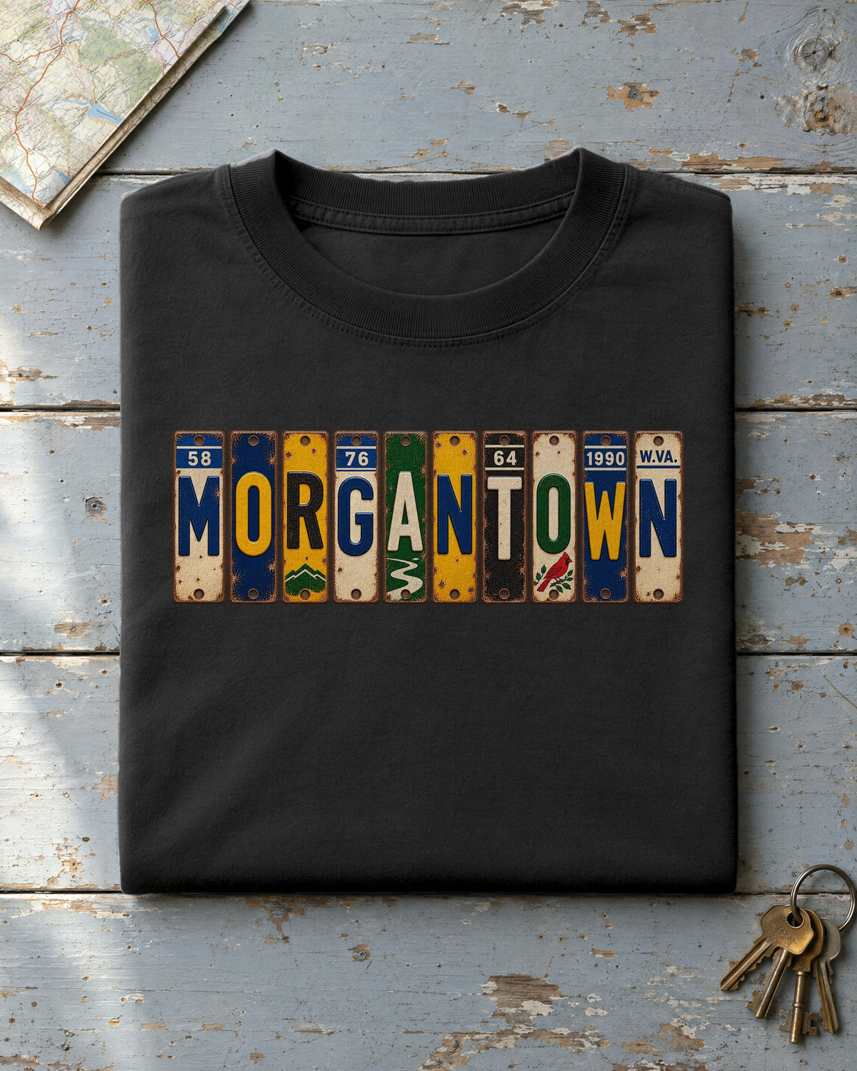 Morgantown, West Virginia vintage license plate t-shirt in Black