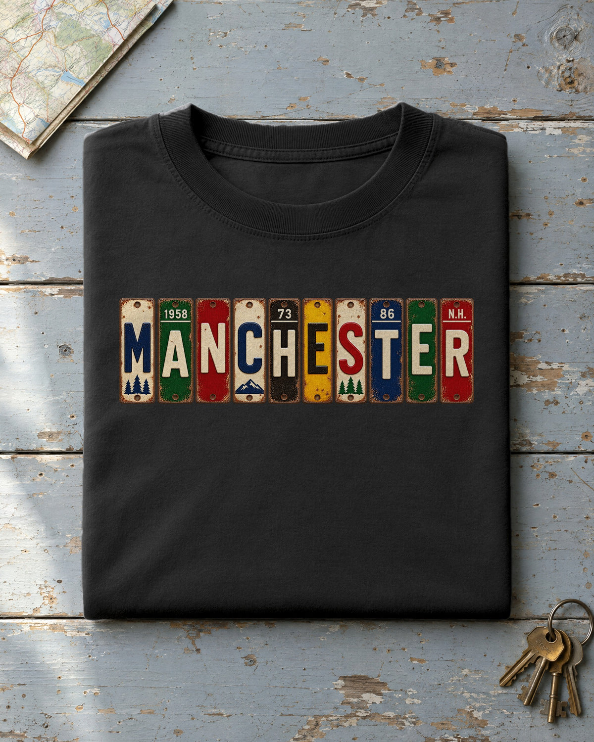 Manchester, New Hampshire vintage license plate t-shirt in Black