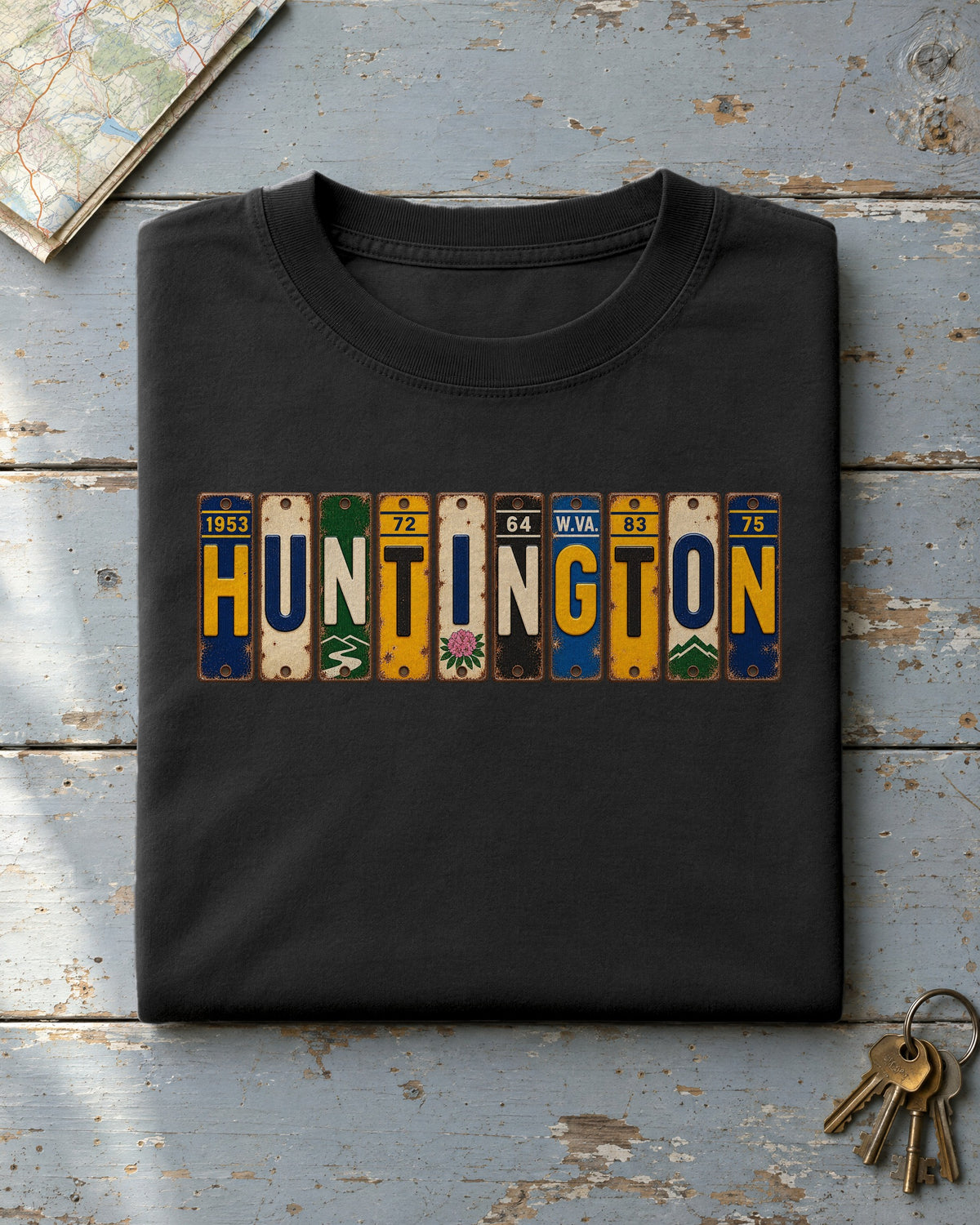 Huntington, West Virginia vintage license plate t-shirt in Black