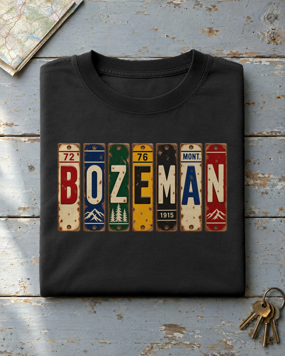 Bozeman, Montana vintage license plate t-shirt in Black