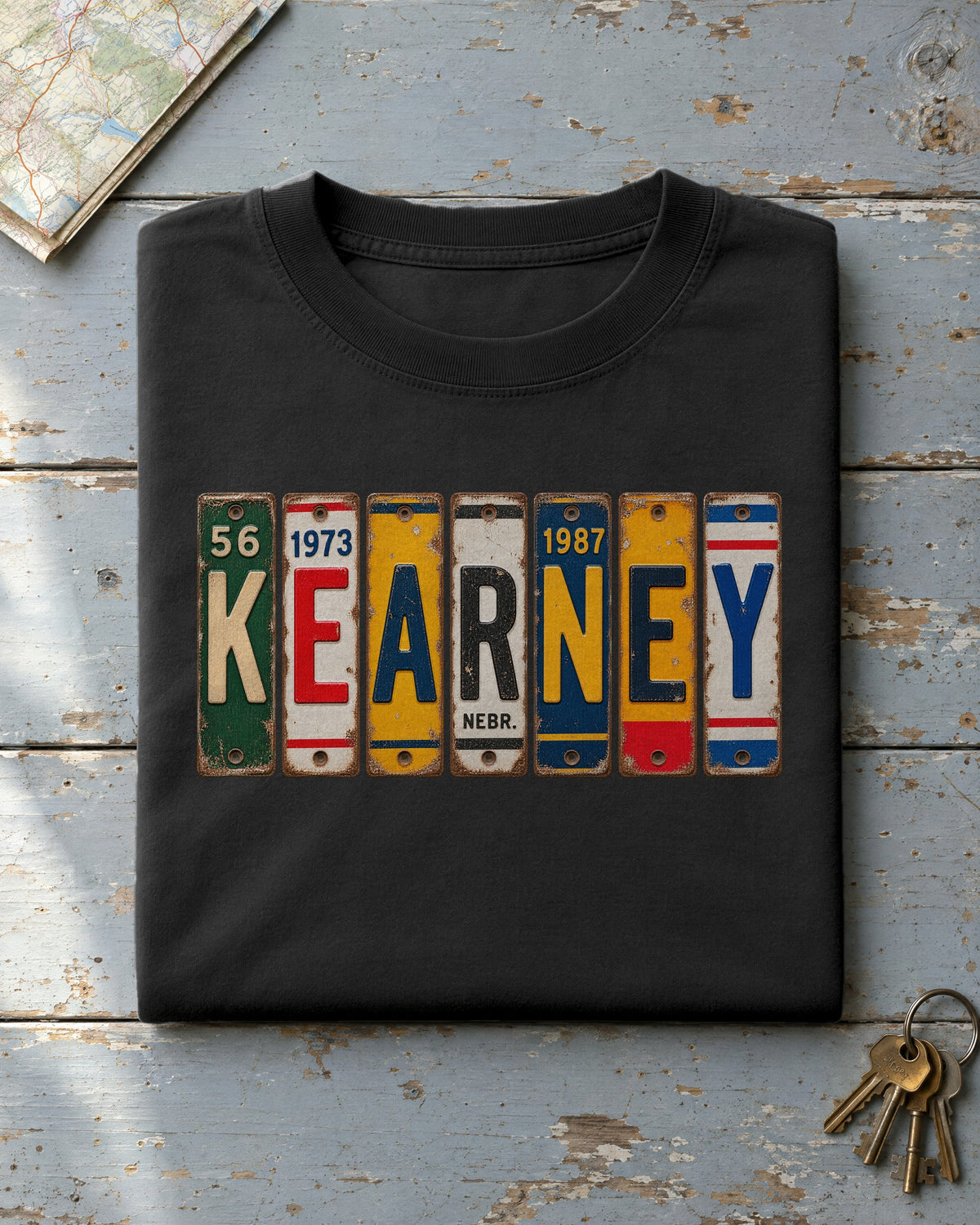 Kearney, Nebraska vintage license plate t-shirt in Black