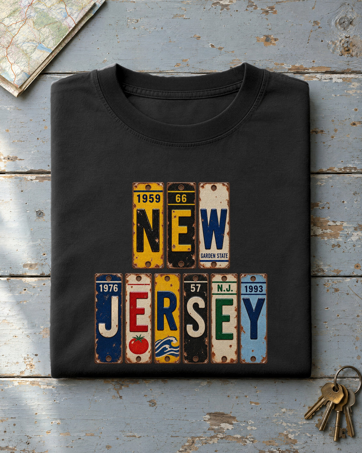 New Jersey vintage license plate t-shirt in Black
