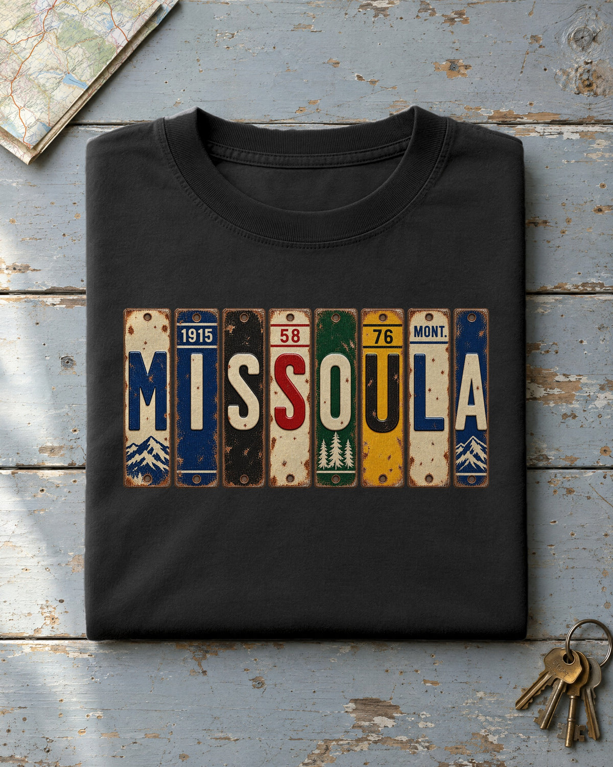 Missoula, Montana vintage license plate t-shirt in Black