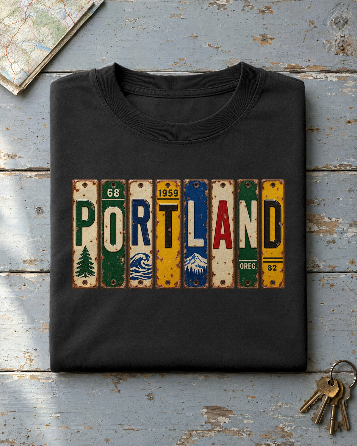 Portland, Oregon vintage license plate t-shirt in Black