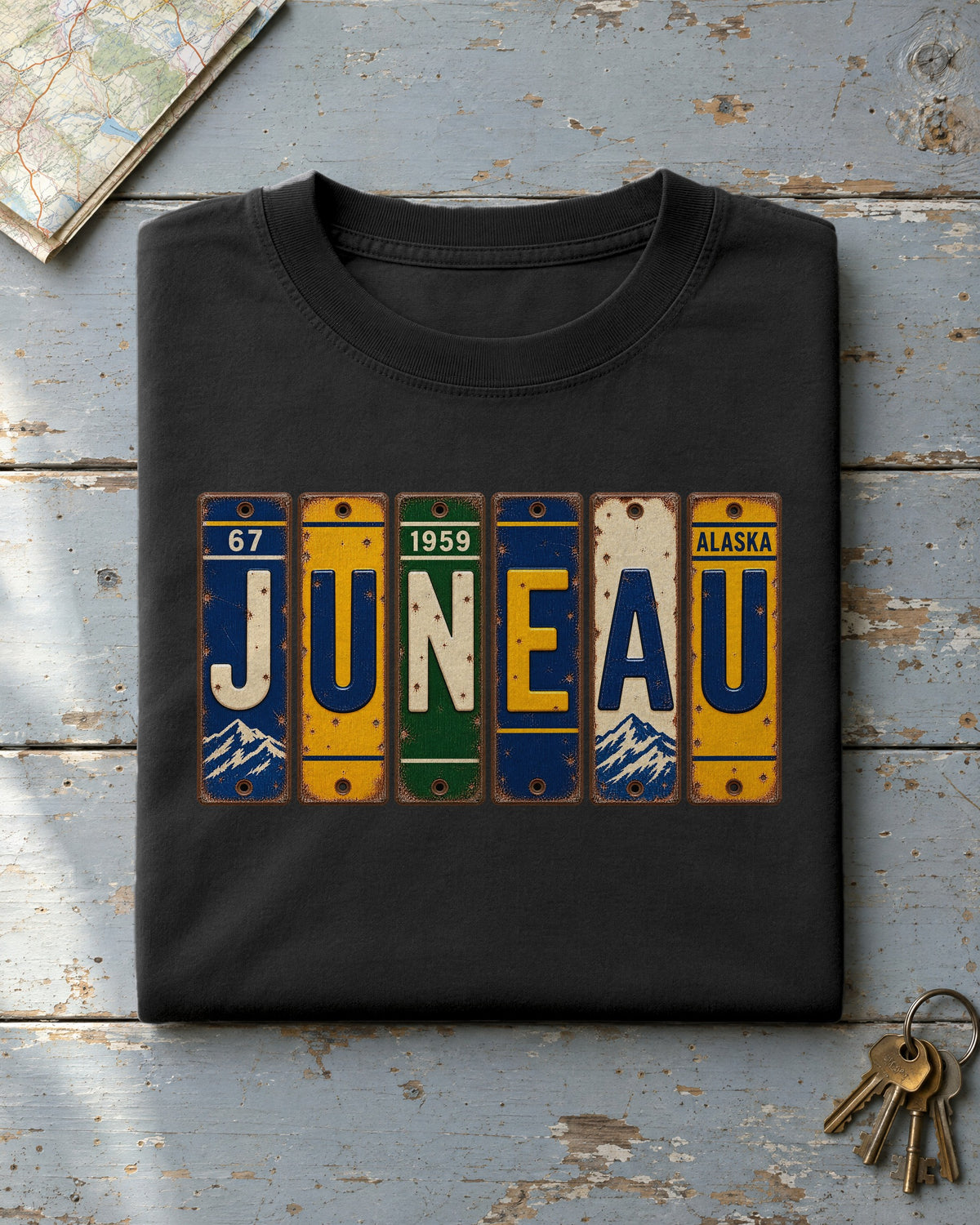 Juneau, Alaska vintage license plate t-shirt in Black