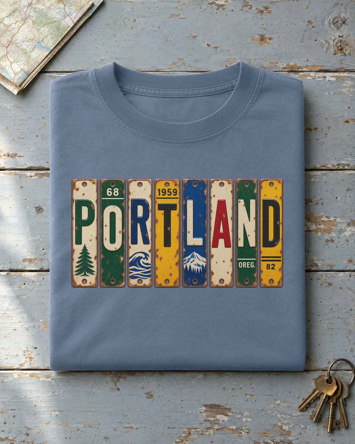 Portland, Oregon vintage license plate t-shirt in Blue Jean