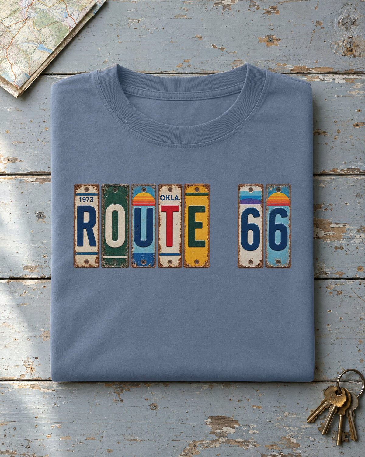 Route 66, Oklahoma vintage license plate t-shirt in Blue Jean