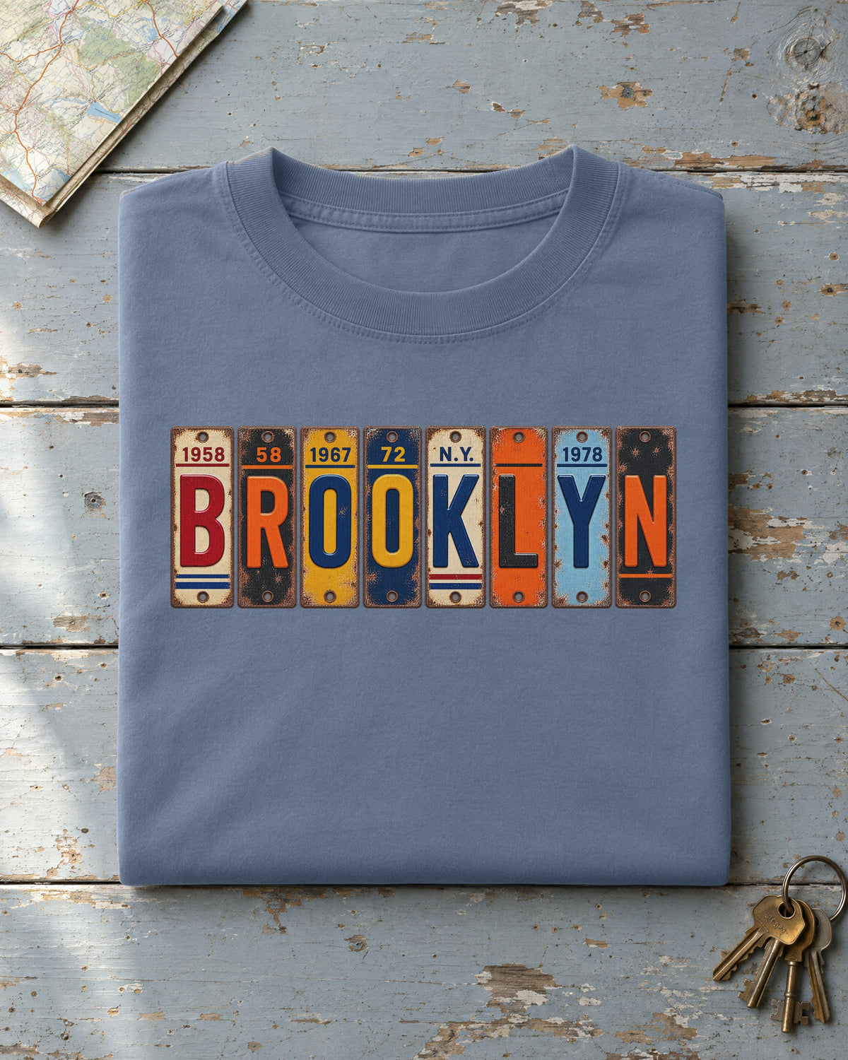 Brooklyn, New York vintage license plate t-shirt in Blue Jean