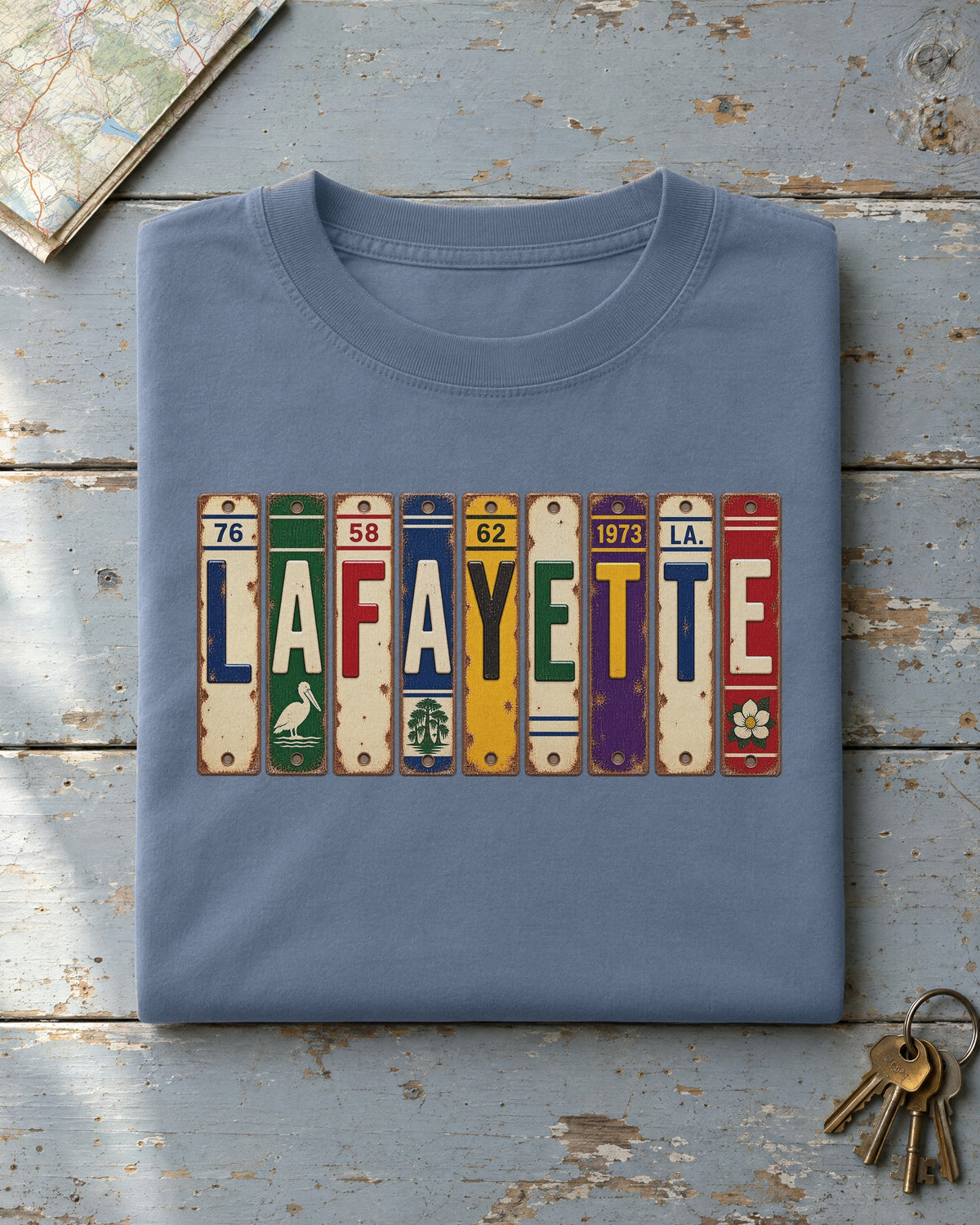 Lafayette, Louisiana vintage license plate t-shirt in Blue Jean