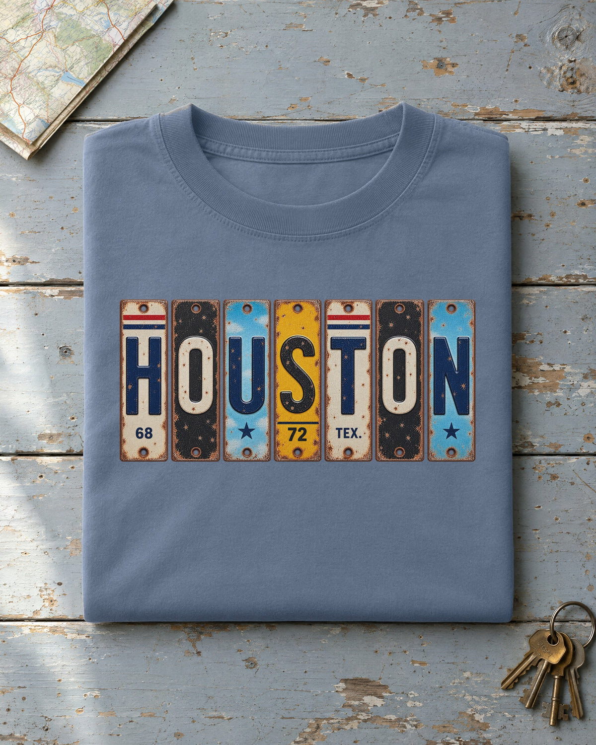 Houston, Texas vintage license plate t-shirt in Blue Jean