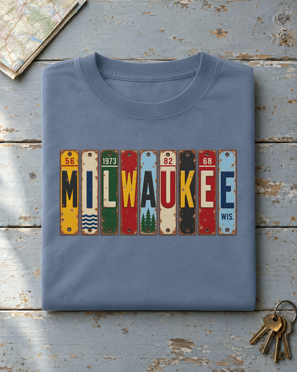 Milwaukee, Wisconsin vintage license plate t-shirt in Blue Jean