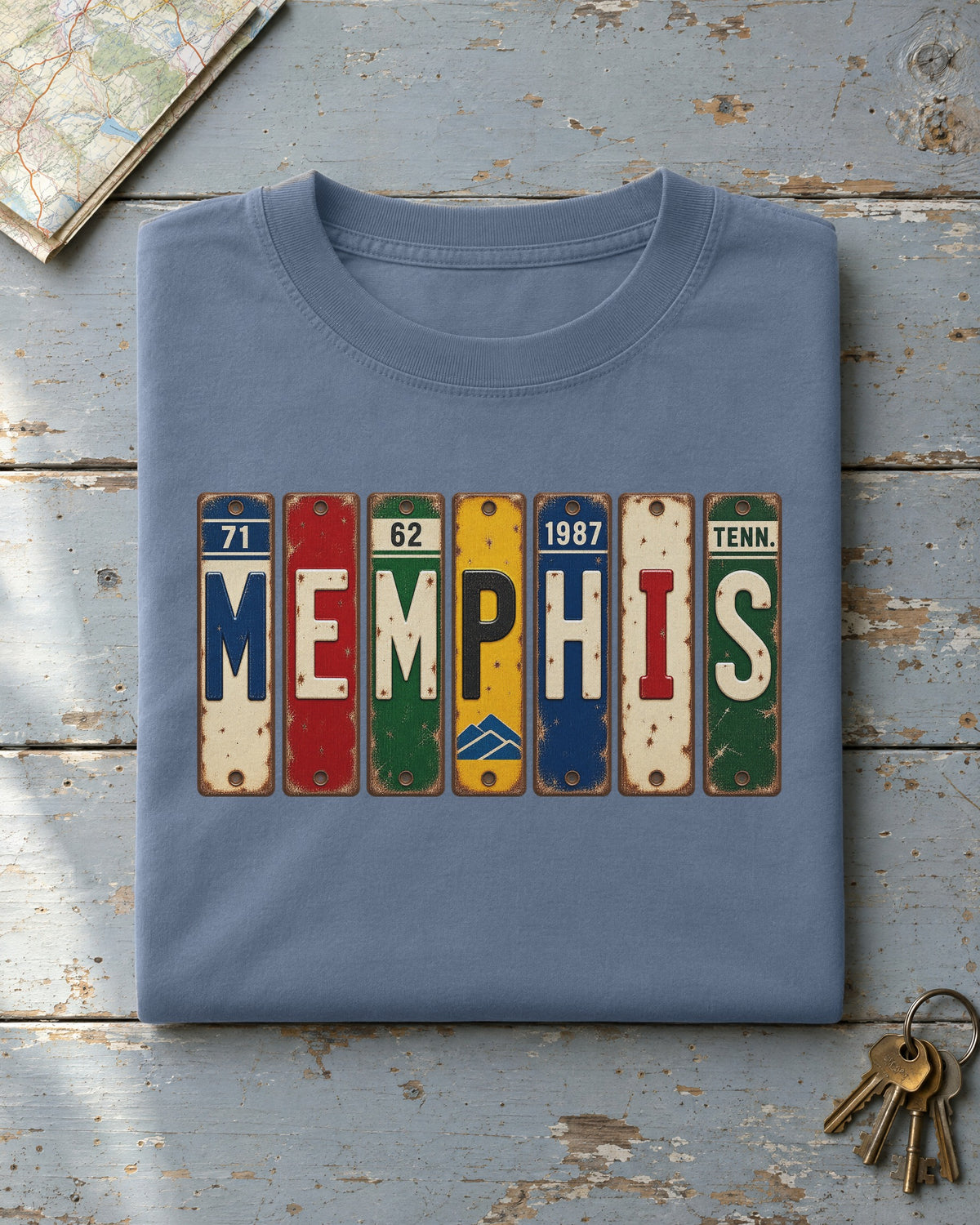 Memphis, Tennessee vintage license plate t-shirt in Blue Jean