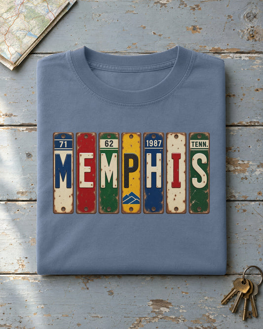 Memphis, Tennessee vintage license plate t-shirt in Blue Jean