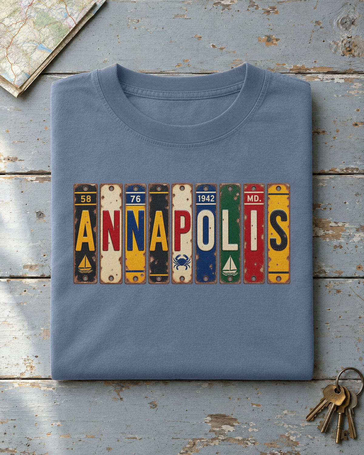 Annapolis, Maryland vintage license plate t-shirt in Blue Jean