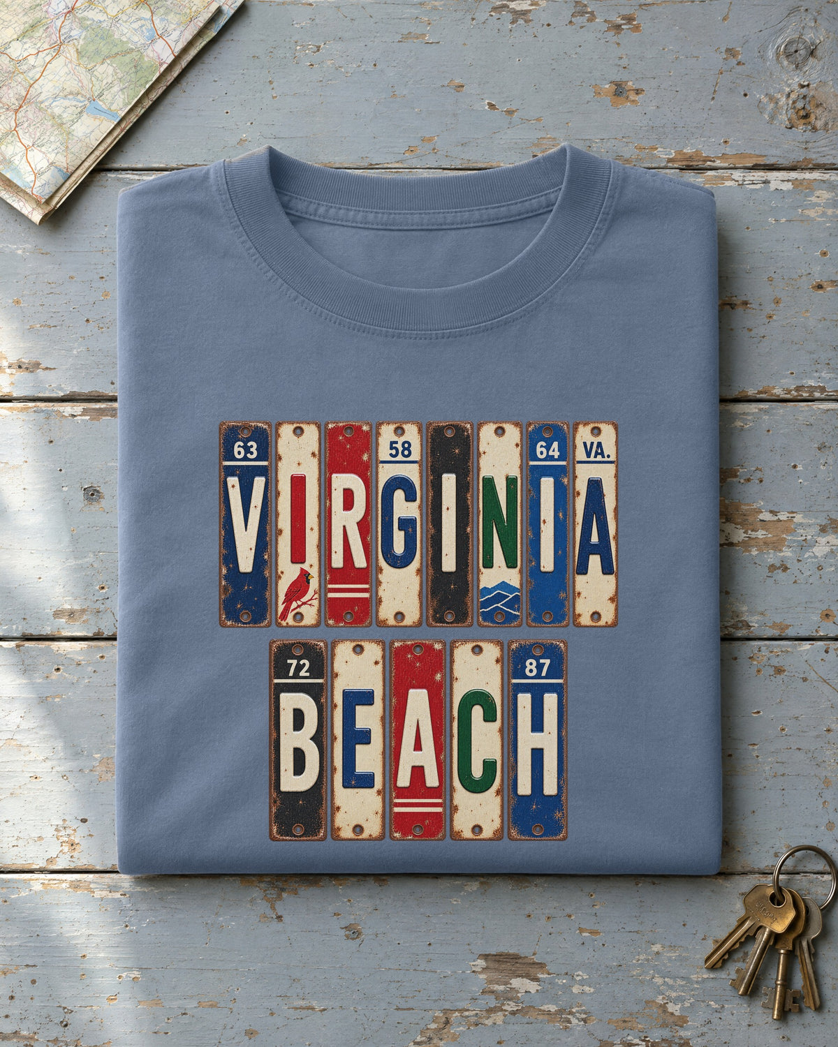 Virginia Beach, Virginia vintage license plate t-shirt in Blue Jean