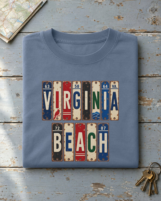 Virginia Beach, Virginia vintage license plate t-shirt in Blue Jean