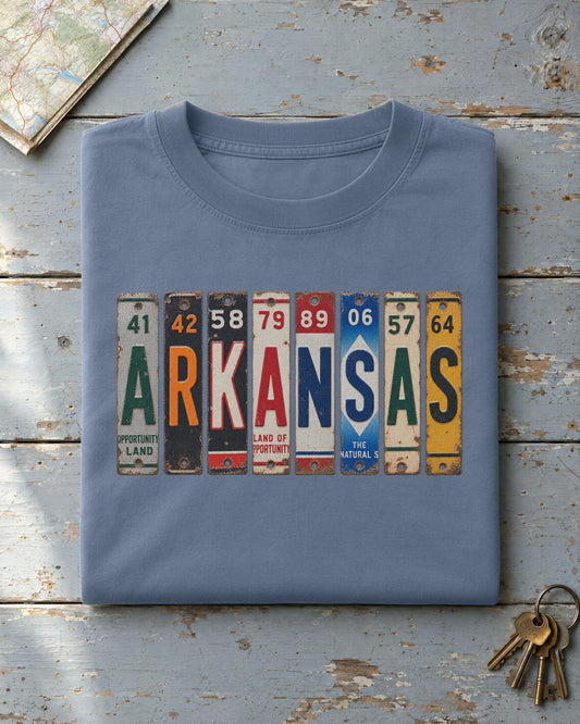 Arkansas vintage license plate t-shirt in Blue Jean