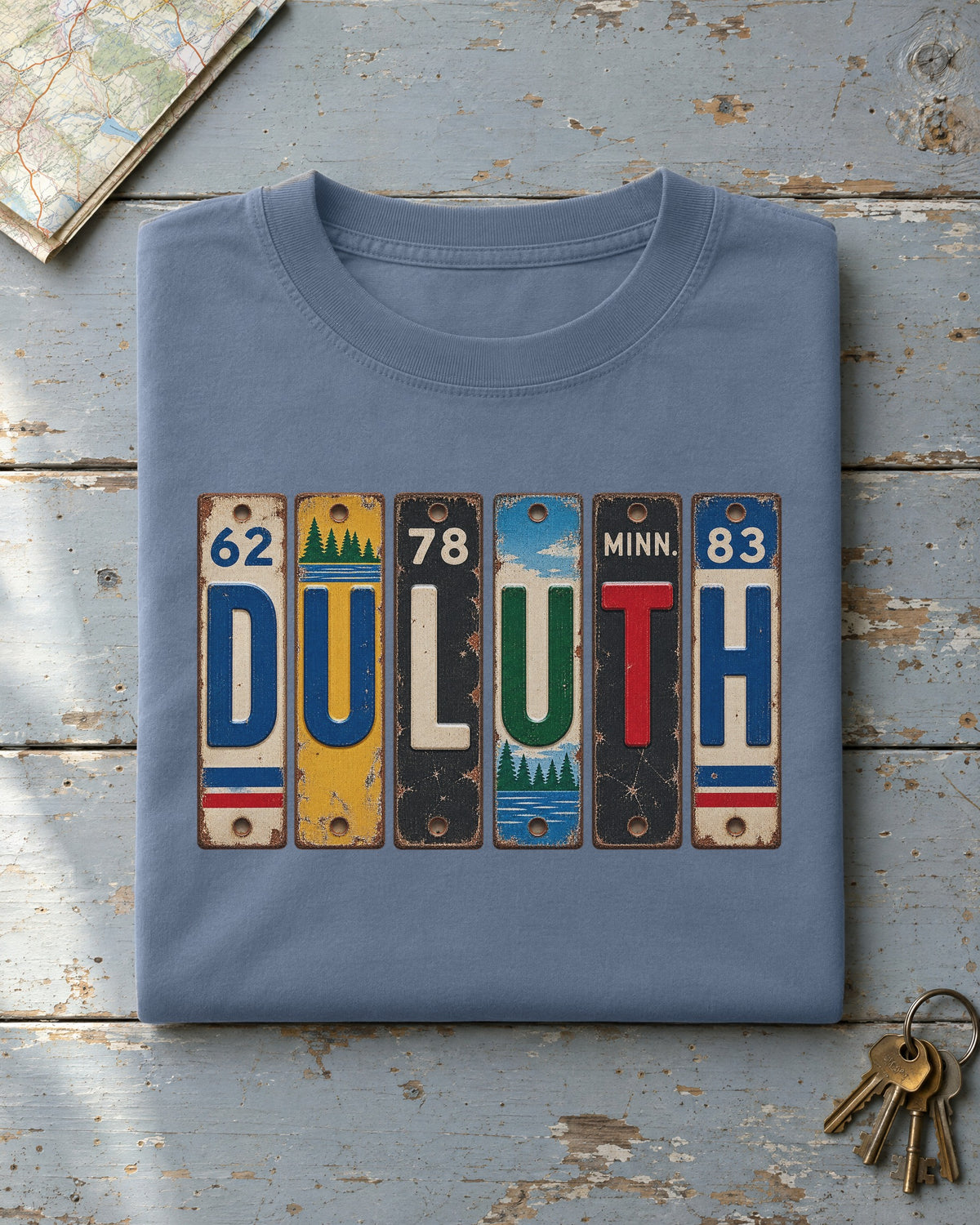 Duluth, Minnesota vintage license plate t-shirt in Blue Jean