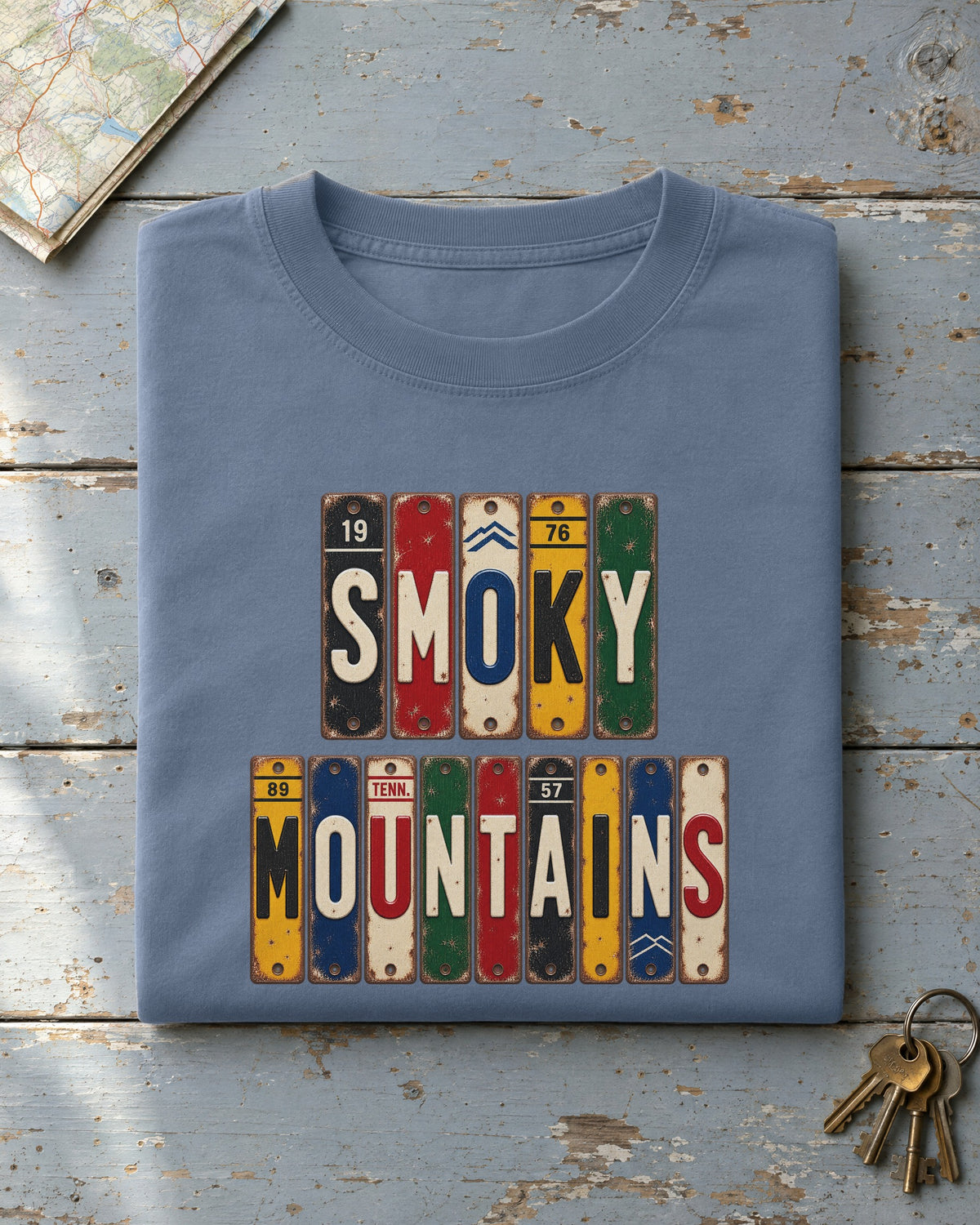 Smoky Mountains, Tennessee vintage license plate t-shirt in Blue Jean