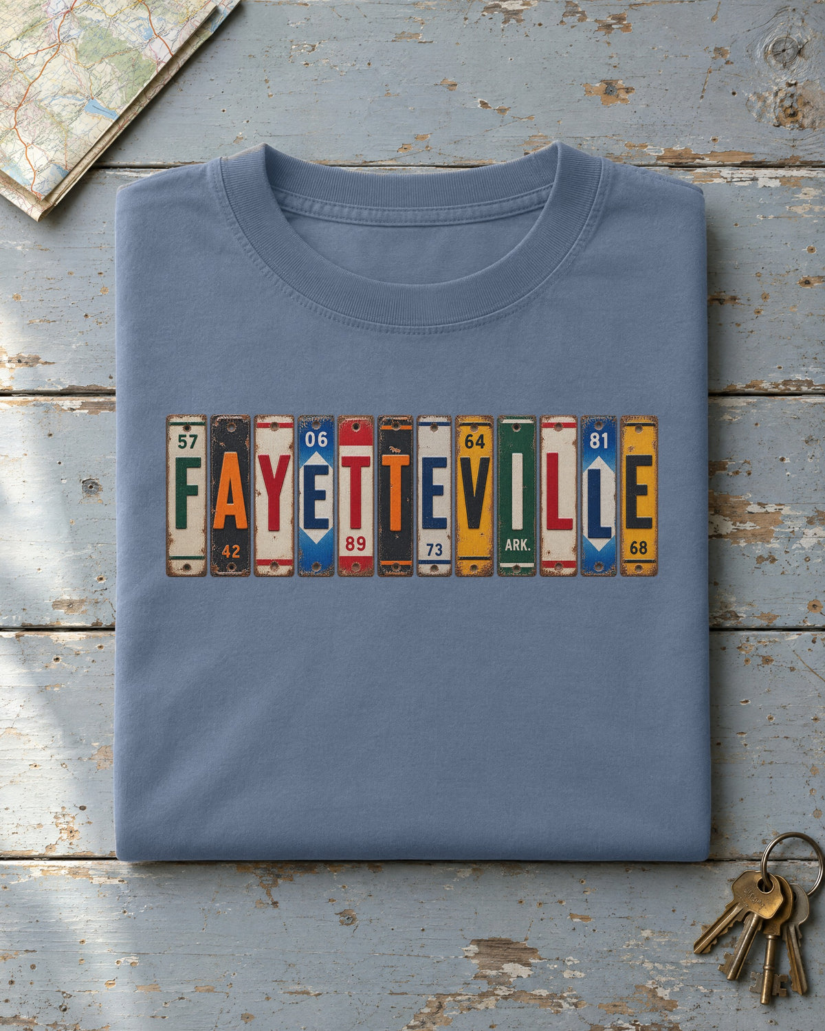 Fayetteville, Arkansas vintage license plate t-shirt in Blue Jean