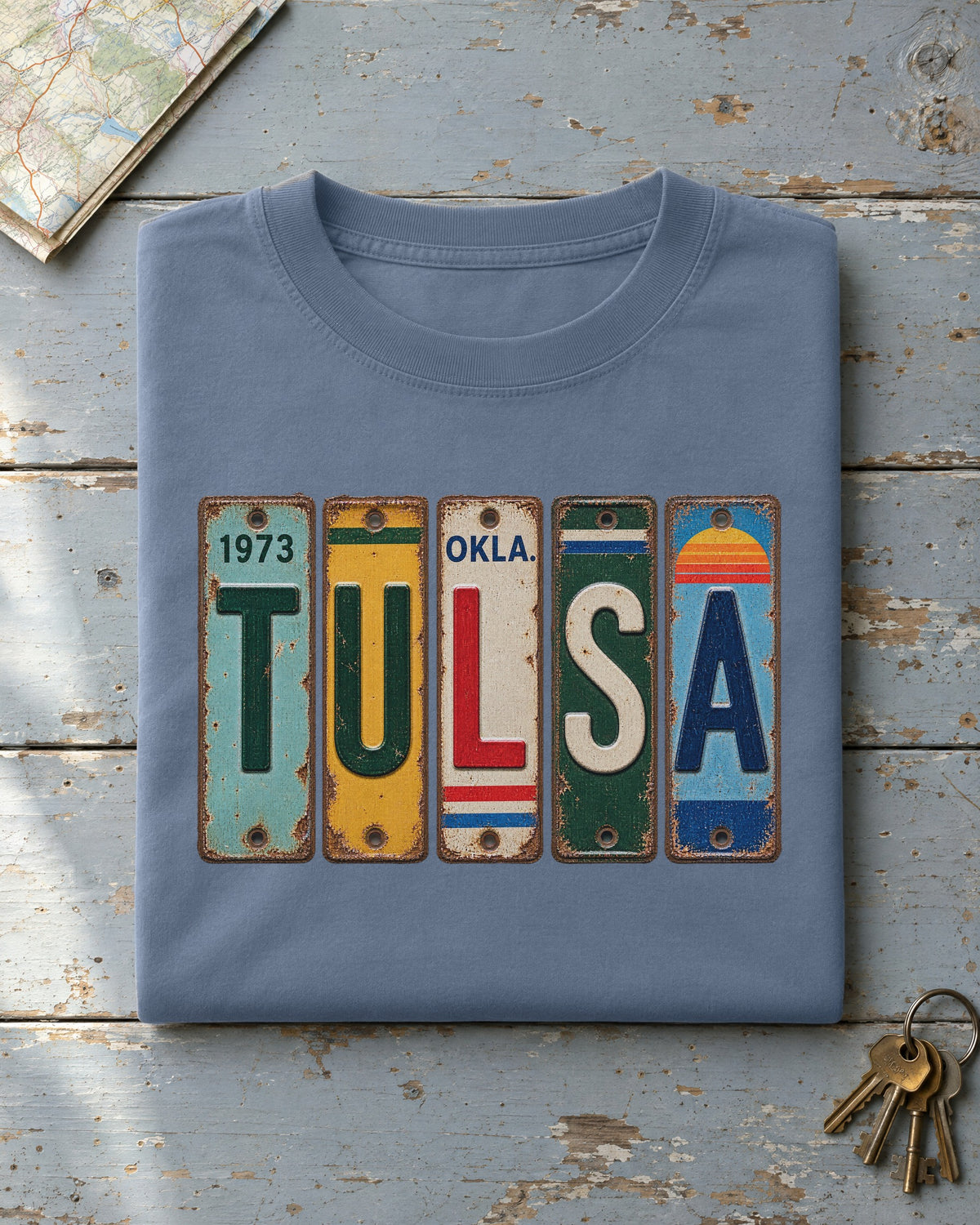 Tulsa, Oklahoma vintage license plate t-shirt in Blue Jean