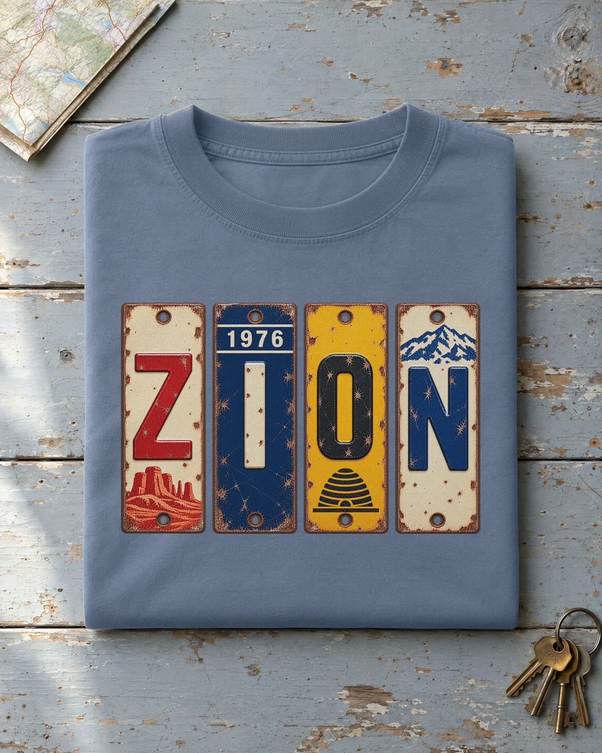 Zion, Utah vintage license plate t-shirt in Blue Jean