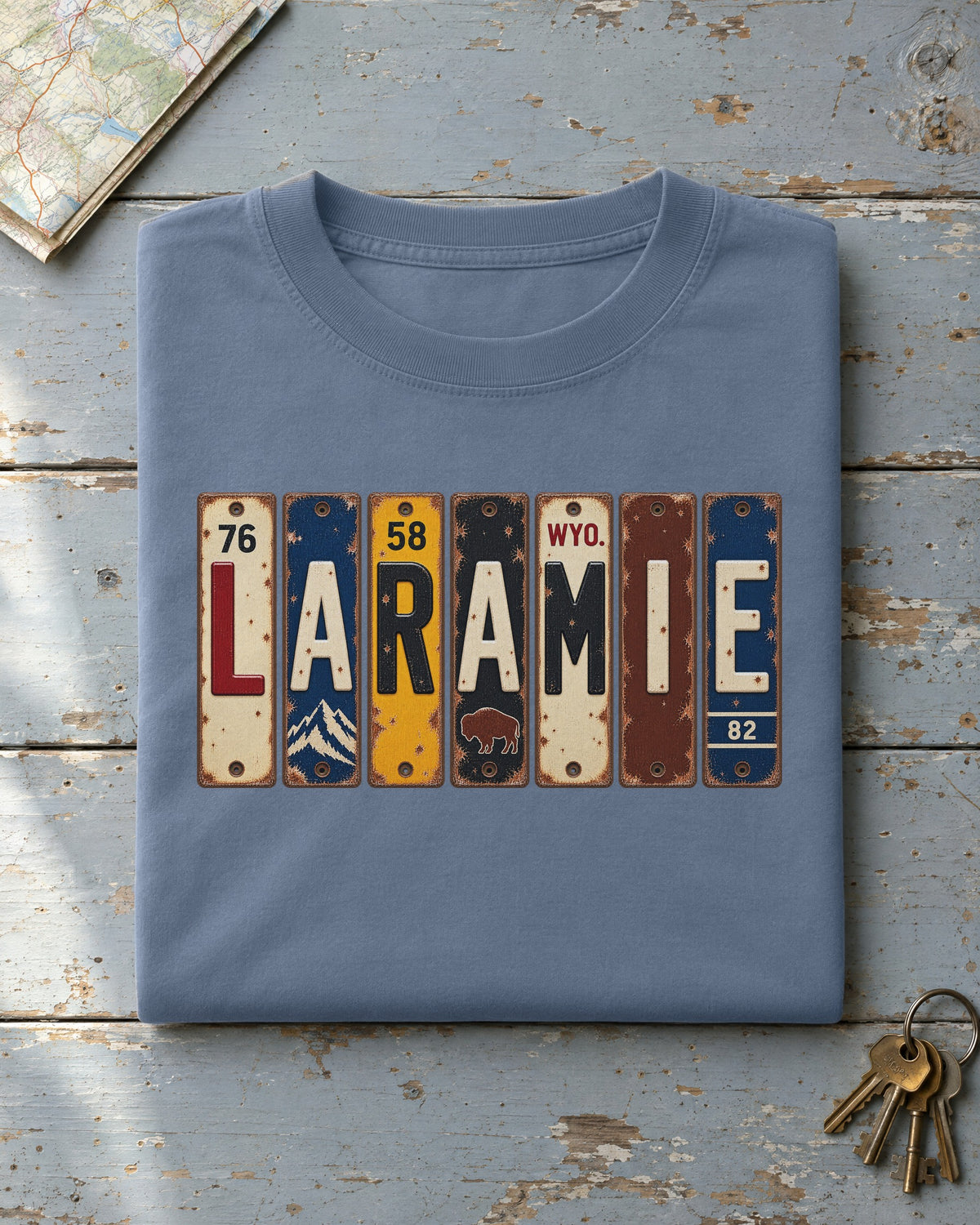 Laramie, Wyoming vintage license plate t-shirt in Blue Jean