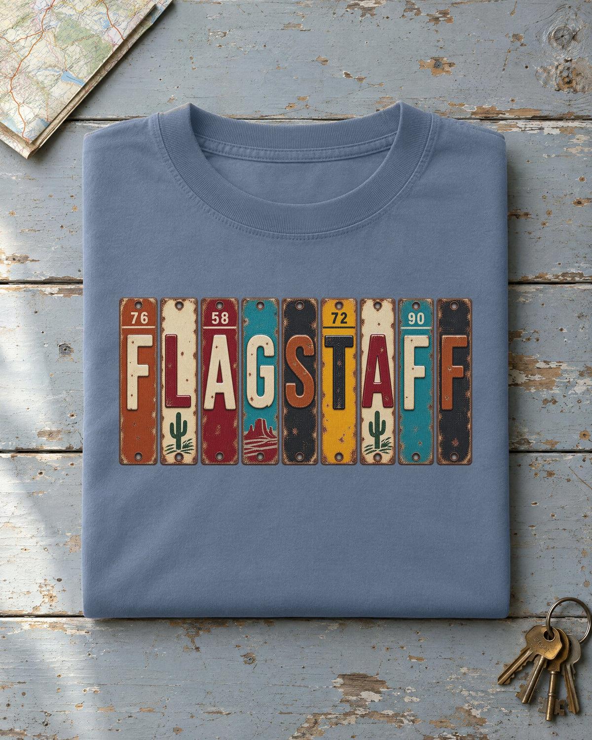 Flagstaff, Arizona vintage license plate t-shirt in Blue Jean