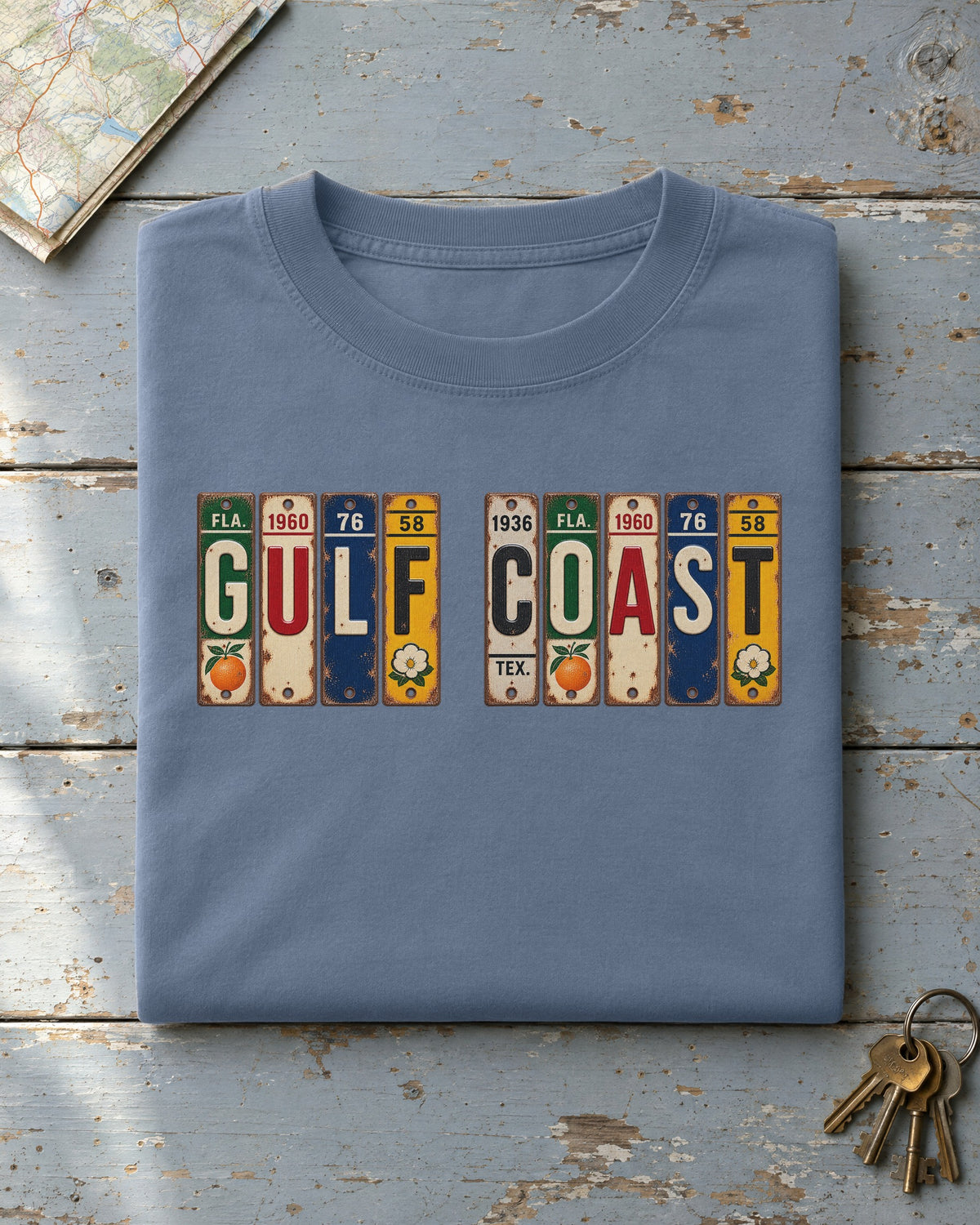 Gulf Coast vintage license plate t-shirt in Blue Jean