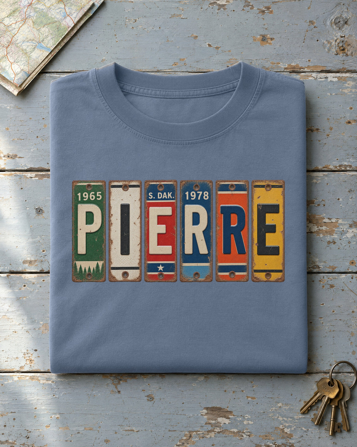 Pierre, South Dakota vintage license plate t-shirt in Blue Jean
