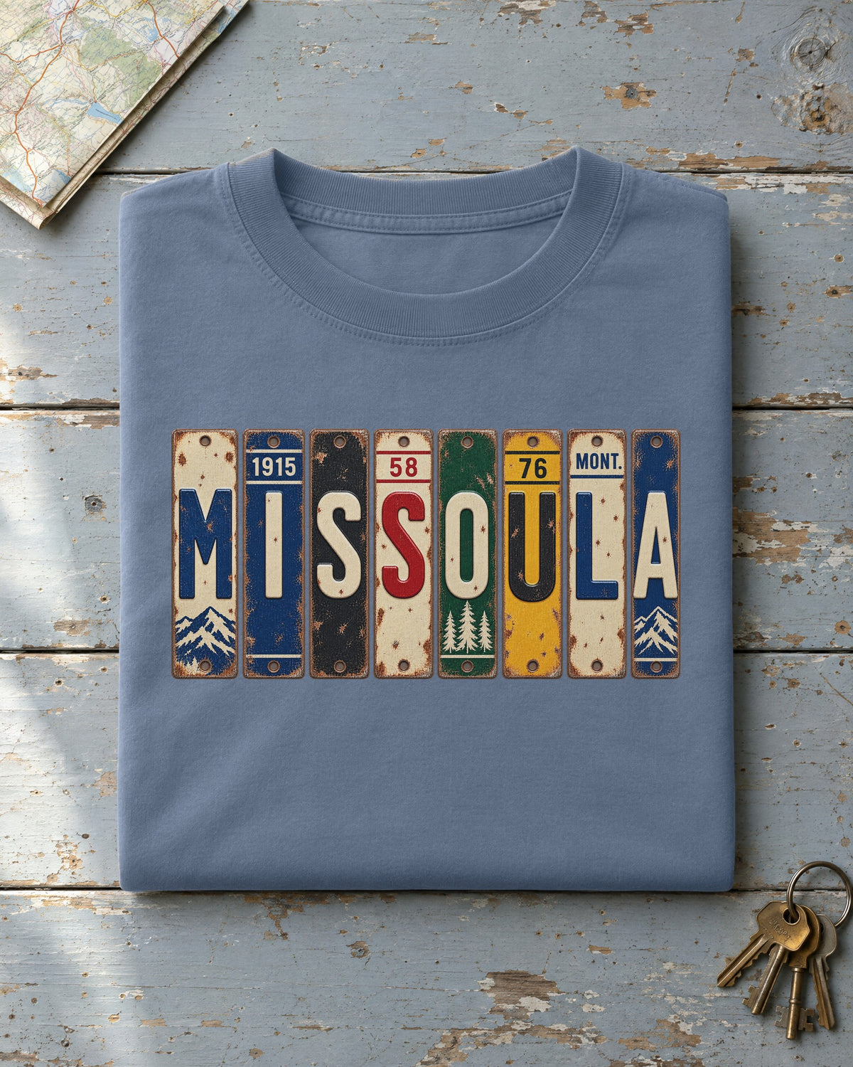 Missoula, Montana vintage license plate t-shirt in Blue Jean