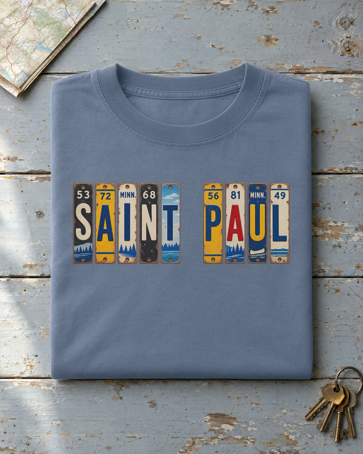 Saint Paul, Minnesota vintage license plate t-shirt in Blue Jean