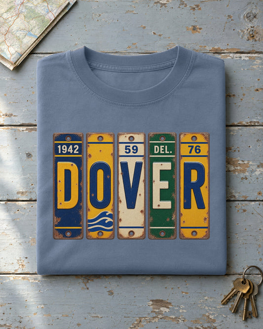 Dover, Delaware vintage license plate t-shirt in Blue Jean