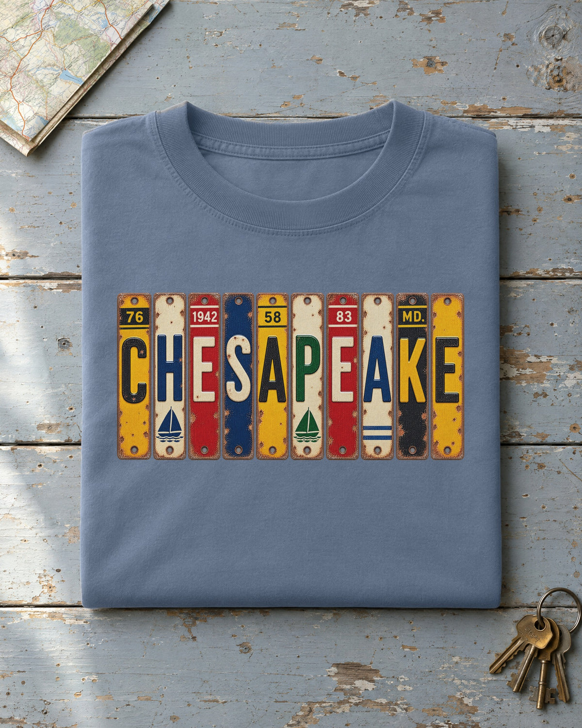 Chesapeake, Maryland vintage license plate t-shirt in Blue Jean